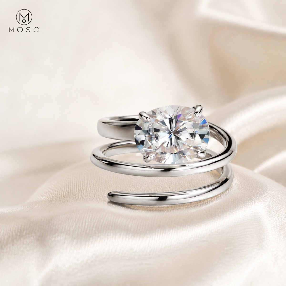 Jessica silver tone round moissanite spiral ring on ivory silk
