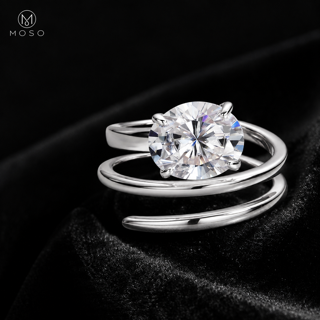 Jessica silver tone round moissanite spiral ring on black velvet