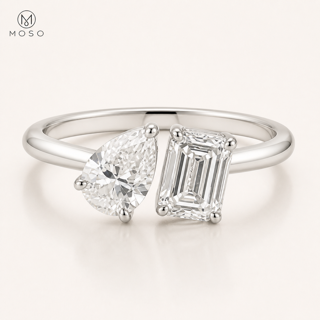 Kennedy pear and emerald cut Toi et Moi moissanite ring in silver