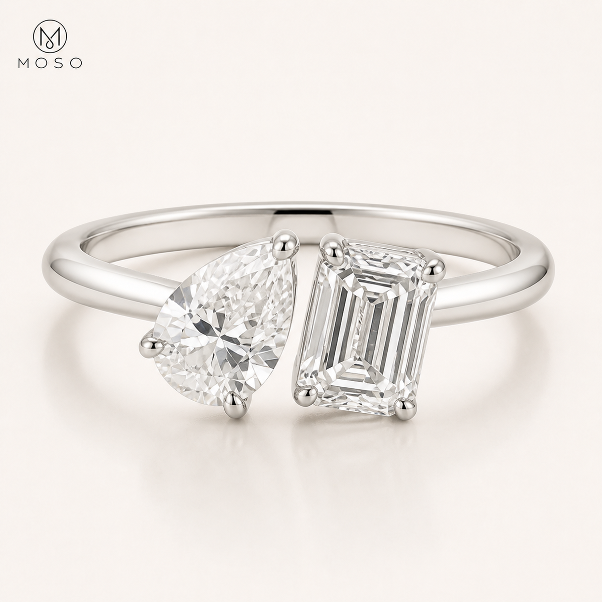 Kennedy pear and emerald cut Toi et Moi moissanite ring in silver