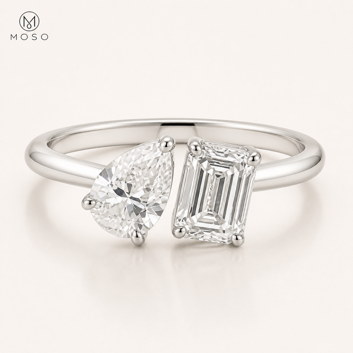 Kennedy pear and emerald cut Toi et Moi moissanite ring in silver