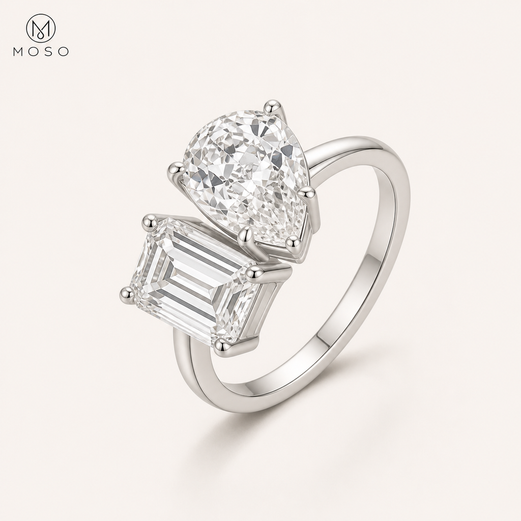 Kennedy 4ct pear and emerald cut Toi et Moi ring