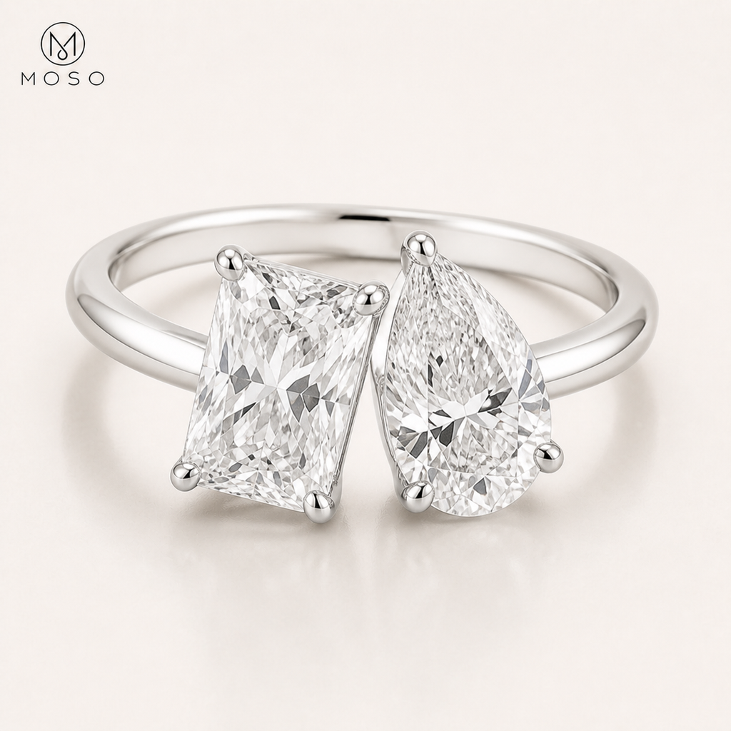 Kennedy 4ct radiant and pear cut moissanite ring