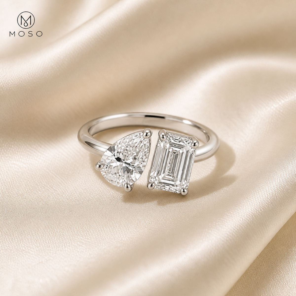 Kennedy two stone moissanite ring on ivory silk