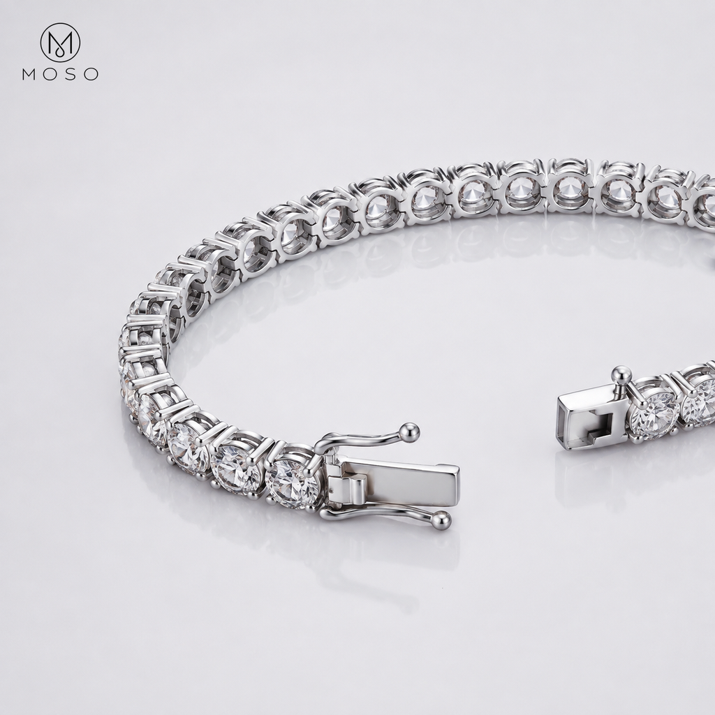 Lauren moissanite tennis bracelet four prong basket link detail