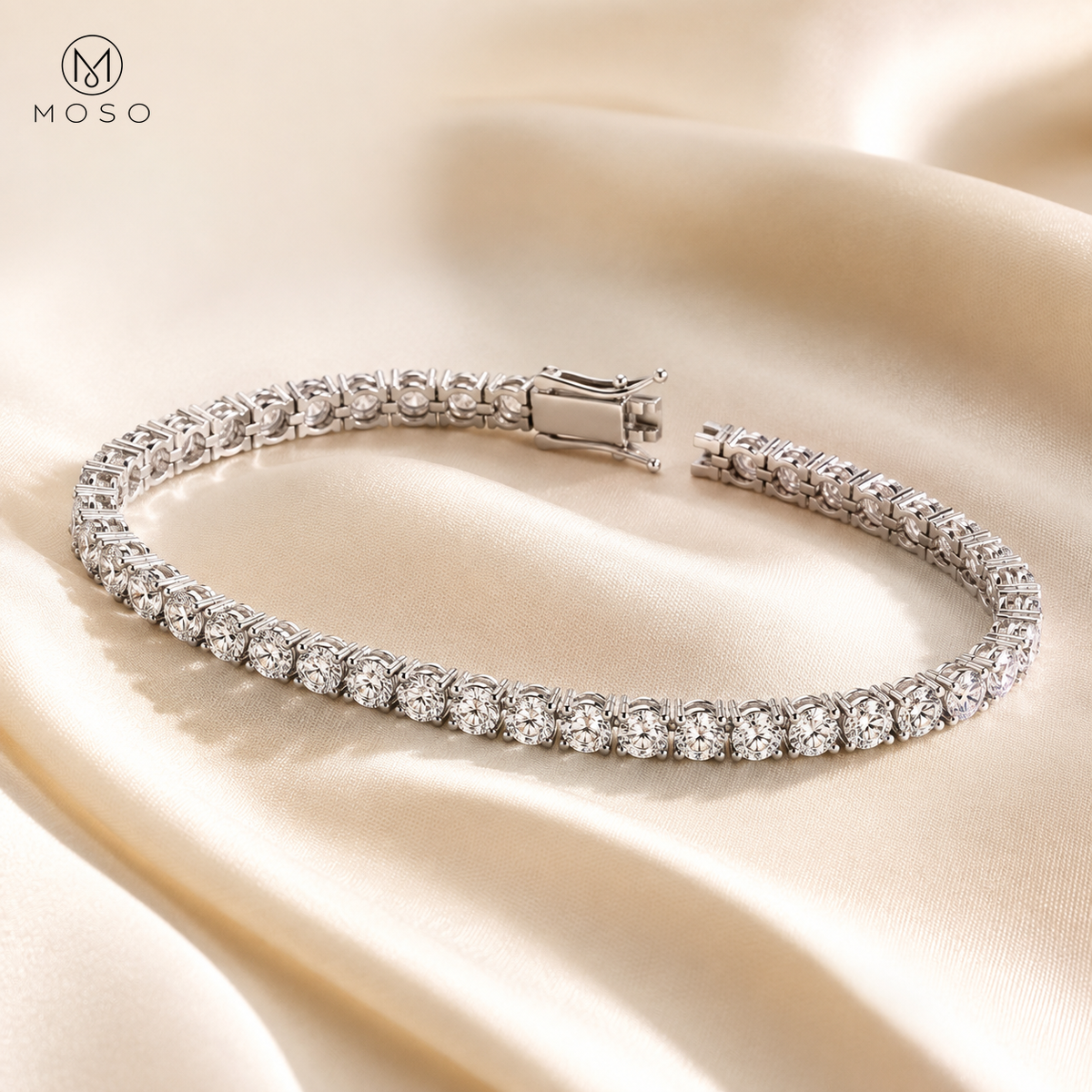Lauren 5mm moissanite tennis bracelet on ivory silk