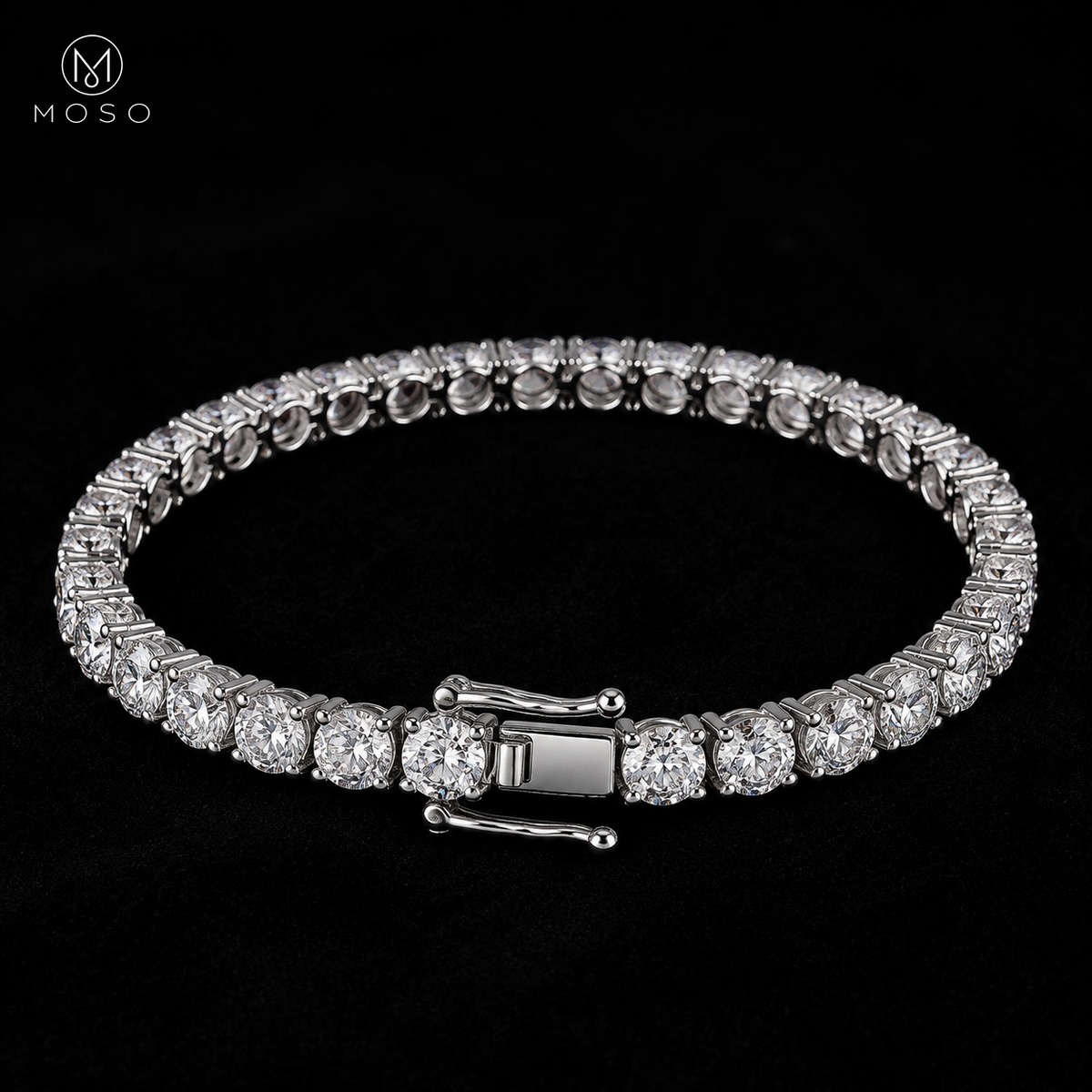 Lauren 6.5mm moissanite tennis bracelet on black velvet