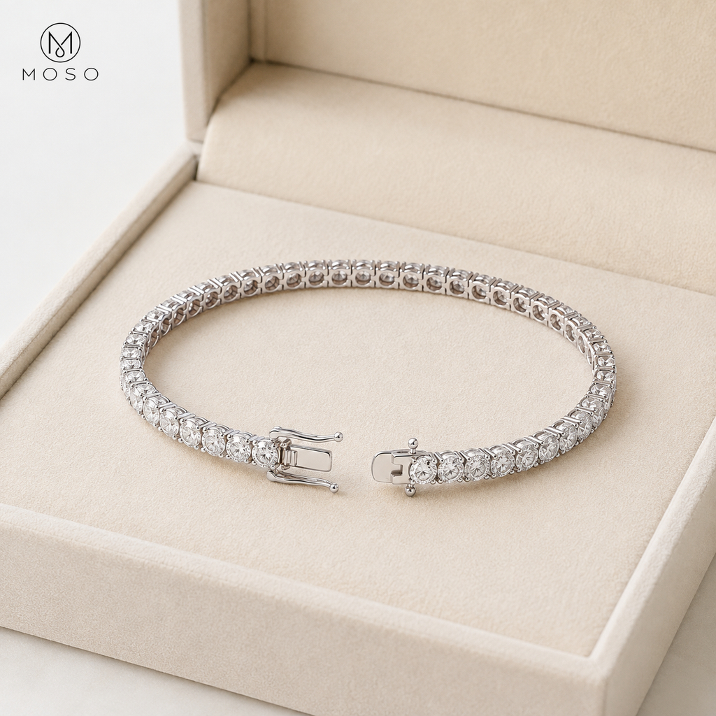 Lauren 4mm moissanite tennis bracelet in an ivory jewellery box