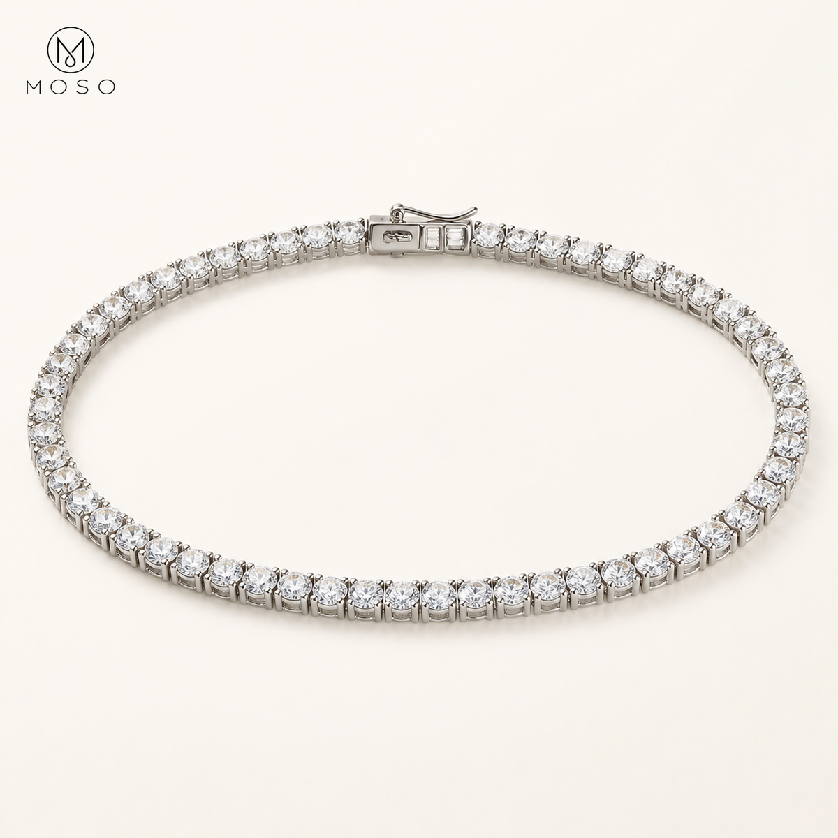 Layla clear round stone tennis necklace on ivory background