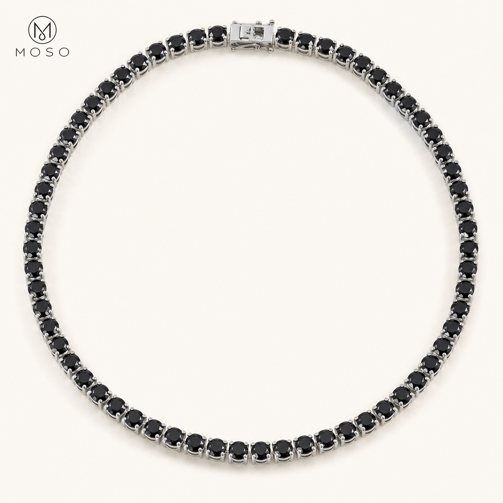 Layla black moissanite tennis necklace on ivory background