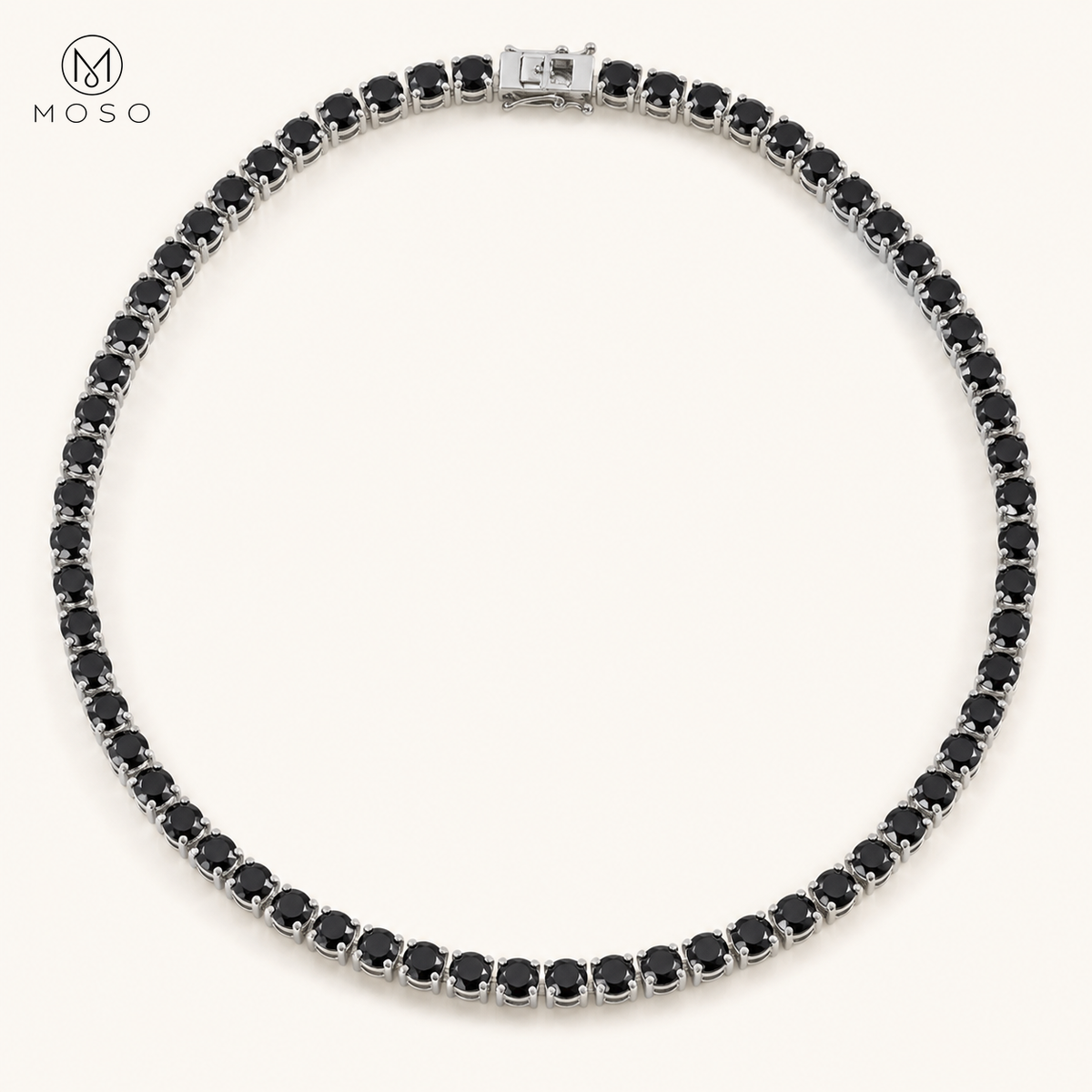 Layla black moissanite tennis necklace on ivory background