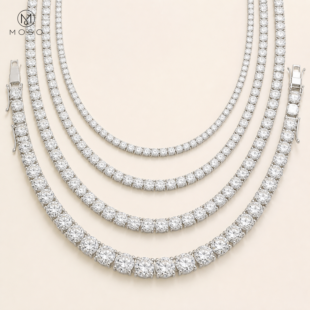 Layla tennis necklace stone sizes from 3 mm to 6.5 mm