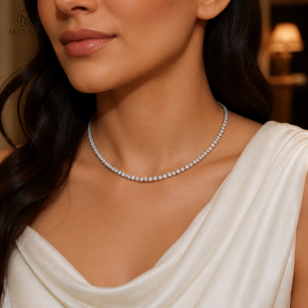 Woman wearing Layla clear moissanite tennis necklace