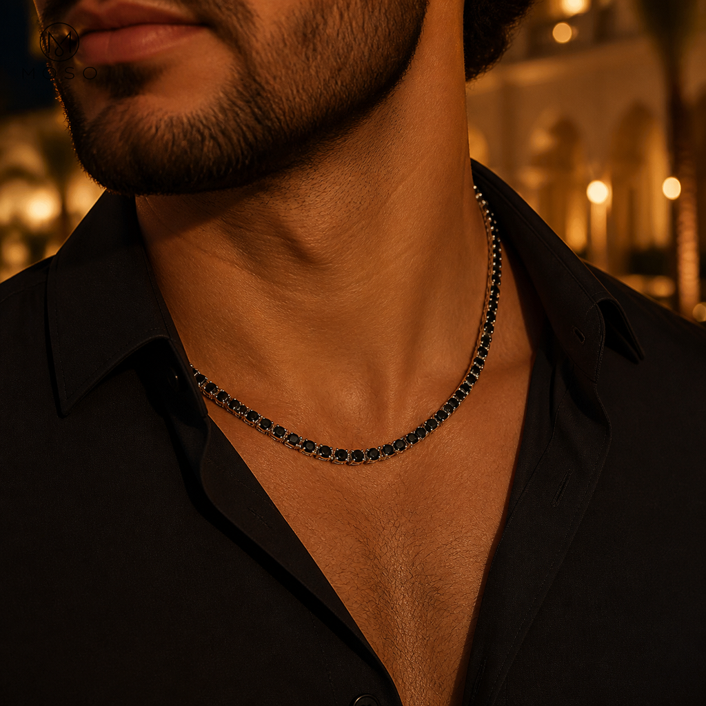 Man wearing Layla black moissanite tennis necklace