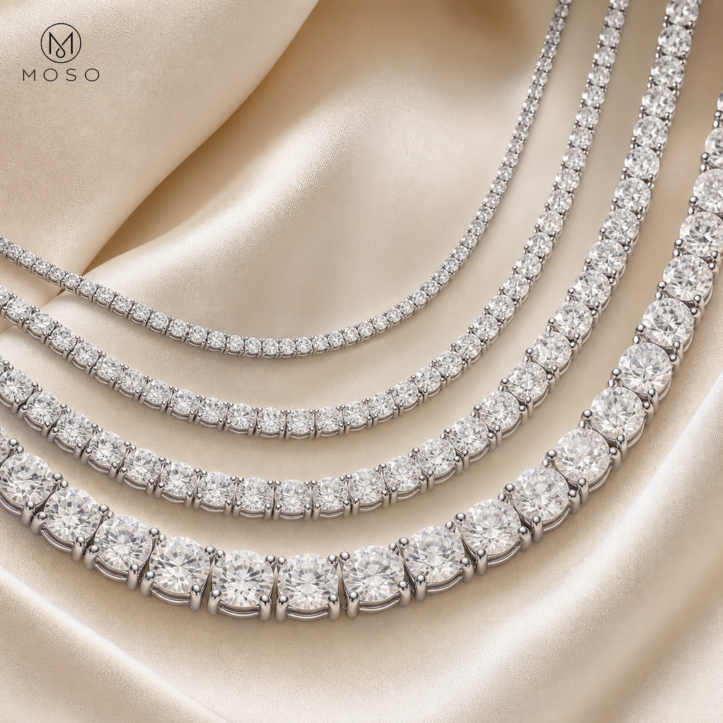 Layla clear tennis necklaces in four stone sizes