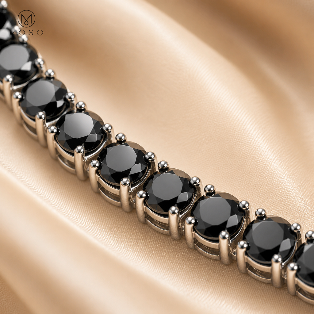 Close view of Layla black moissanite tennis necklace