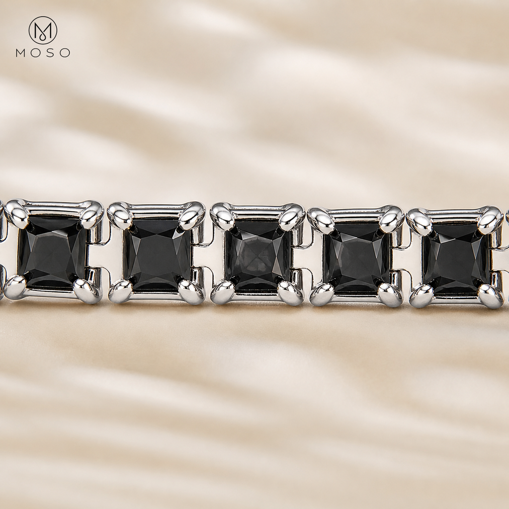 Five square cut black moissanite stones in silver four prong settings