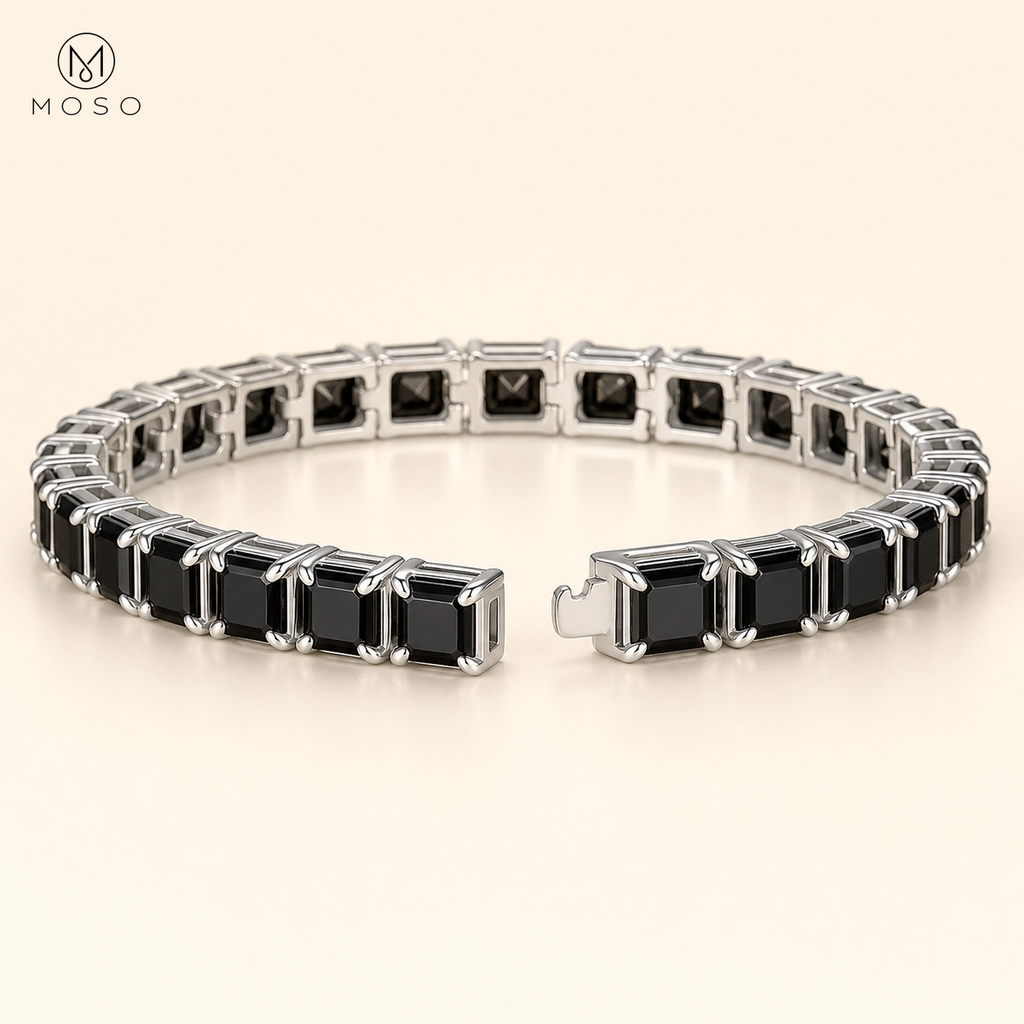 Lucy black moissanite tennis bracelet open box clasp detail