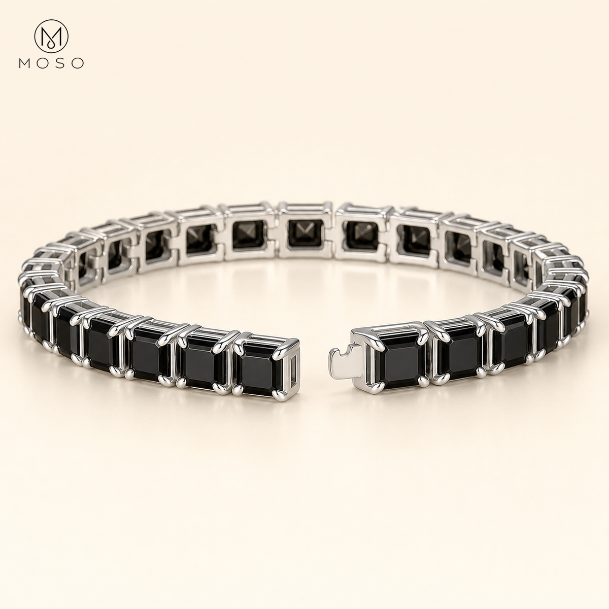 Lucy black moissanite tennis bracelet open box clasp detail