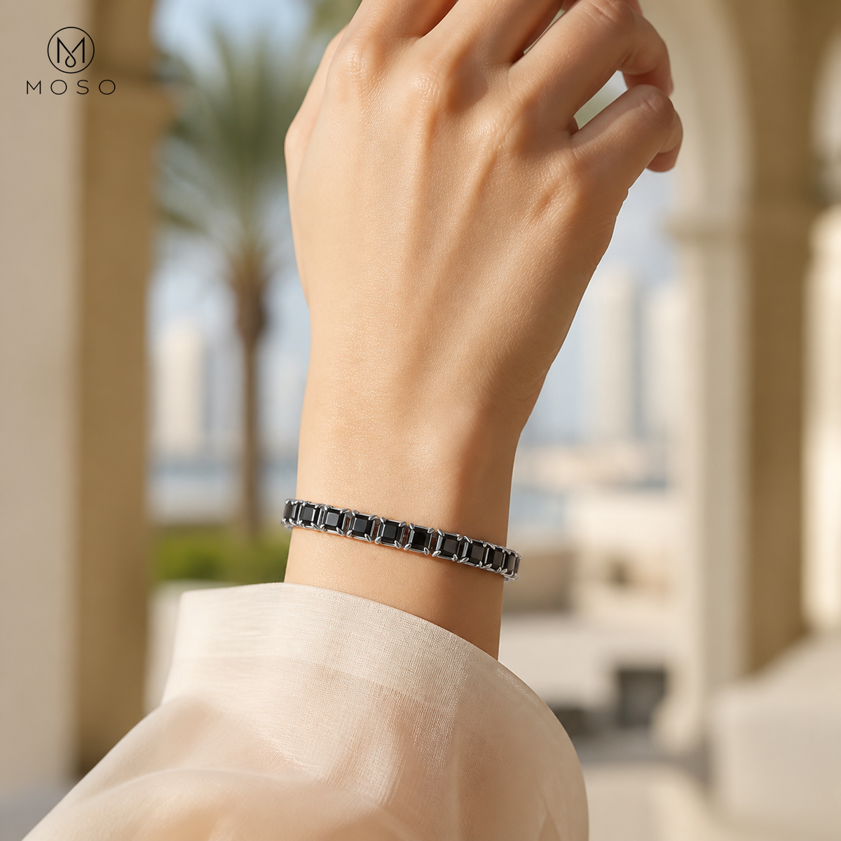 Woman wearing the Lucy black moissanite tennis bracelet