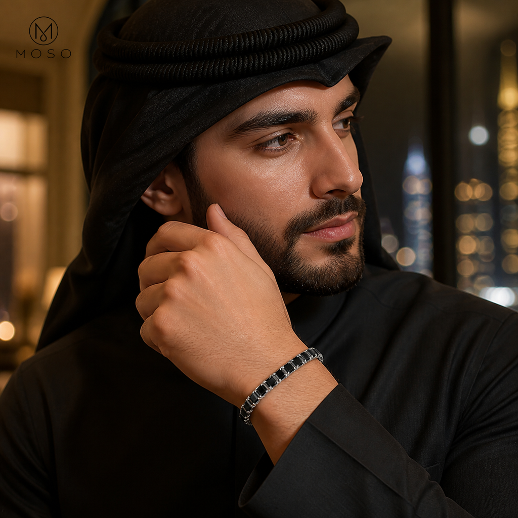 Man wearing the Lucy unisex black moissanite tennis bracelet
