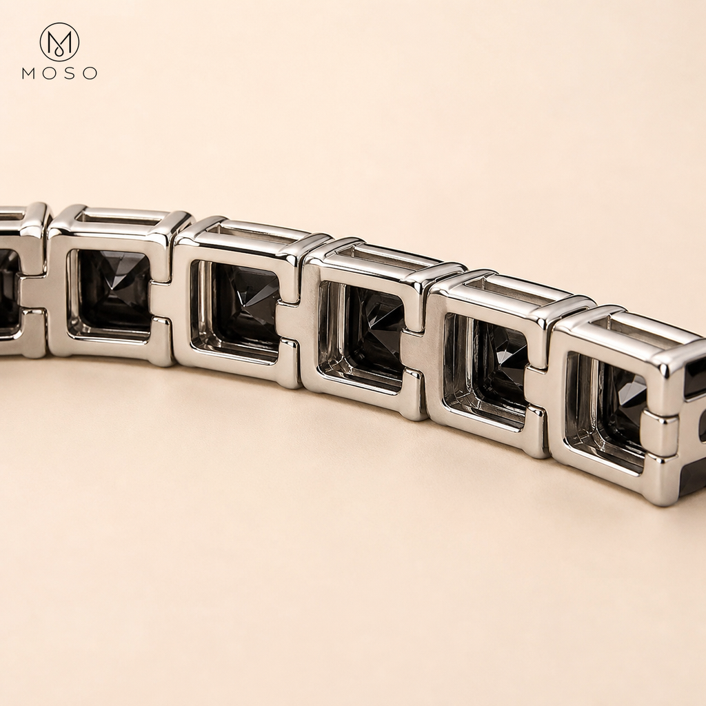 Rear open basket settings of the Lucy black moissanite bracelet