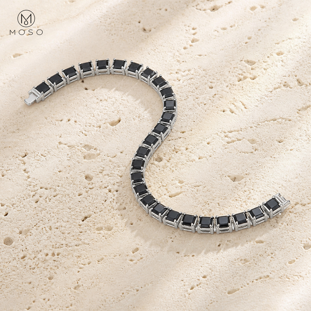 Flexible linked construction of the Lucy black moissanite bracelet