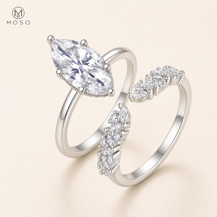 Madison 3ct marquise moissanite bridal set on ivory with MOSO logo