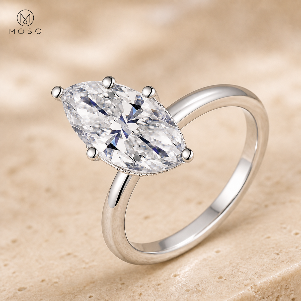 Madison marquise moissanite engagement ring close up with MOSO logo