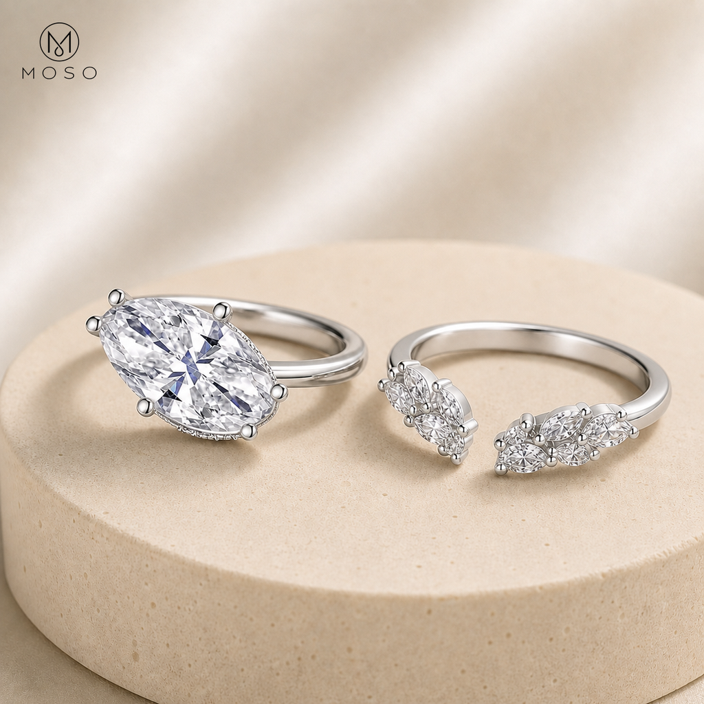Madison marquise moissanite bridal set side view with MOSO logo