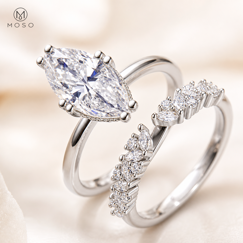 Madison marquise moissanite bridal set macro detail with MOSO logo