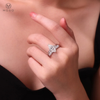Woman wearing Madison marquise moissanite bridal set with MOSO logo