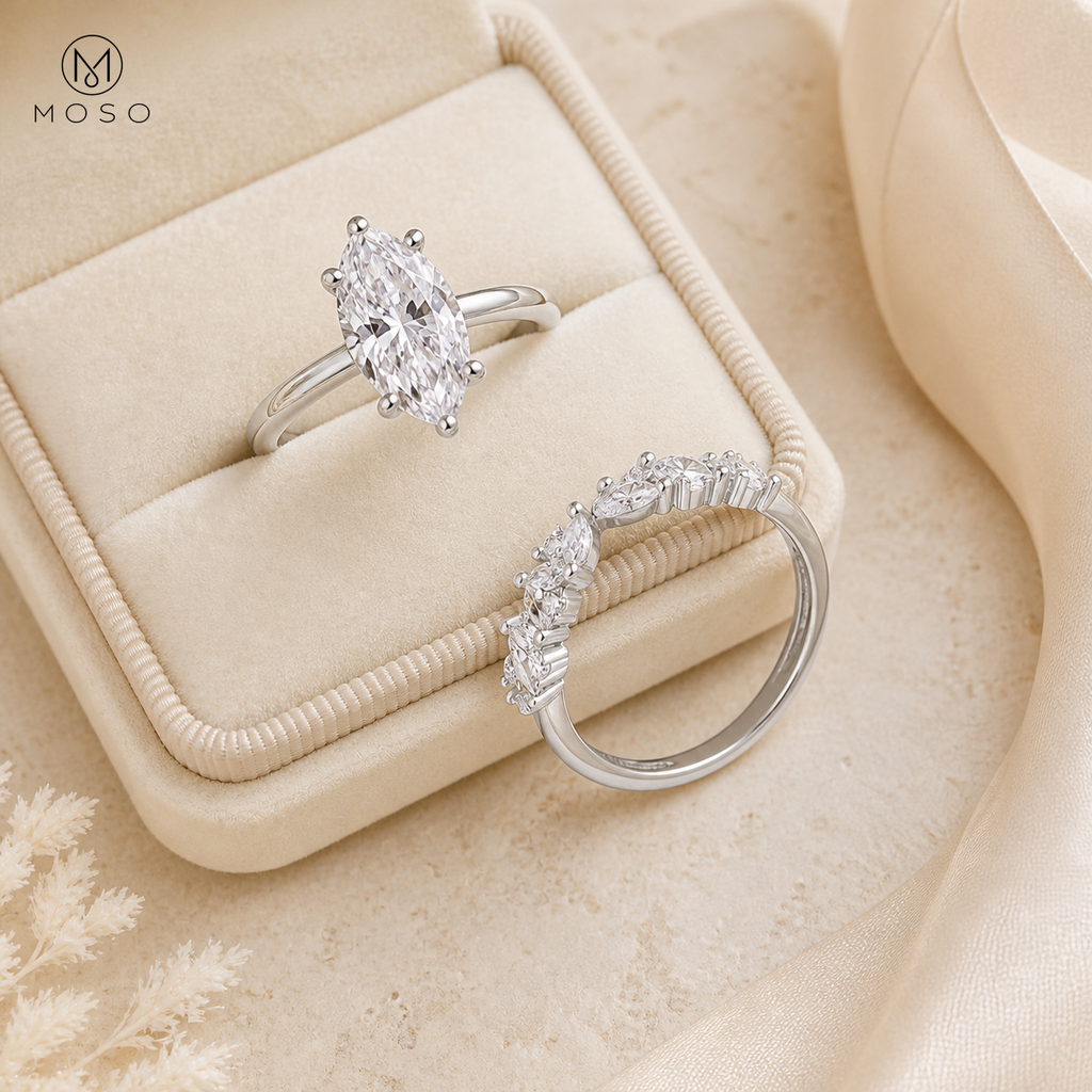 Madison marquise moissanite bridal set with jewelry box and MOSO logo