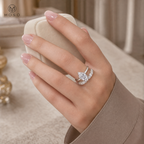 Woman wearing Madison bridal set with jewelry box and MOSO logo