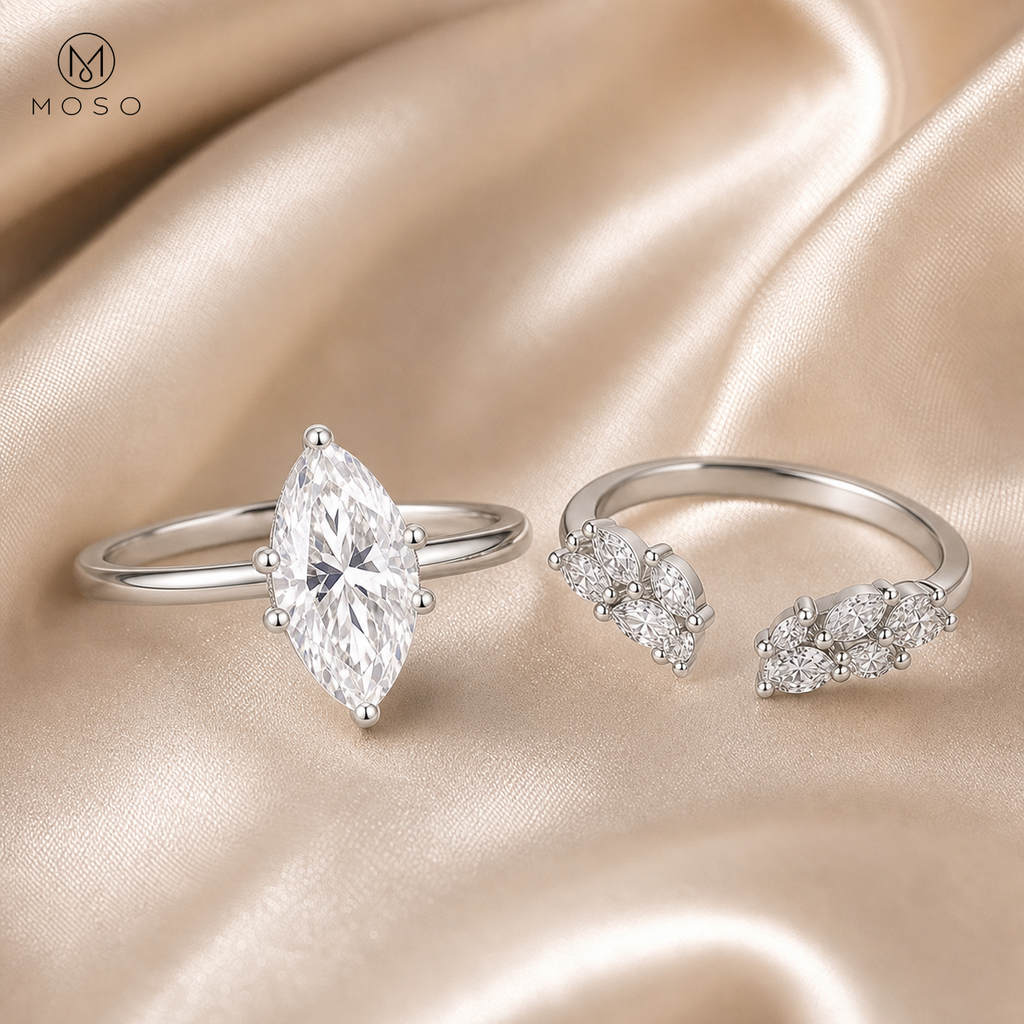 Madison marquise moissanite bridal set on champagne silk