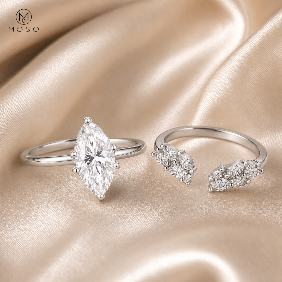 Madison marquise moissanite bridal set on champagne silk