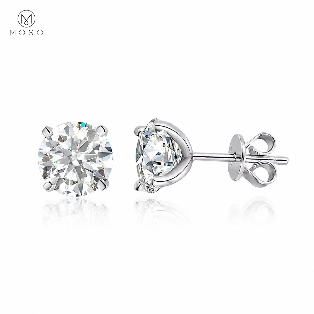 Mia round moissanite stud earrings in silver tone, front and side view on white