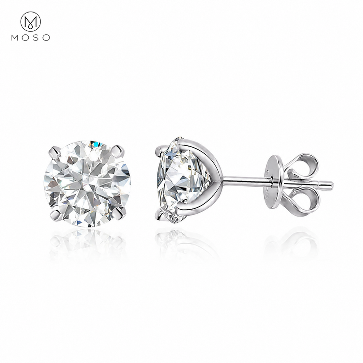 Mia round moissanite stud earrings in silver tone, front and side view on white