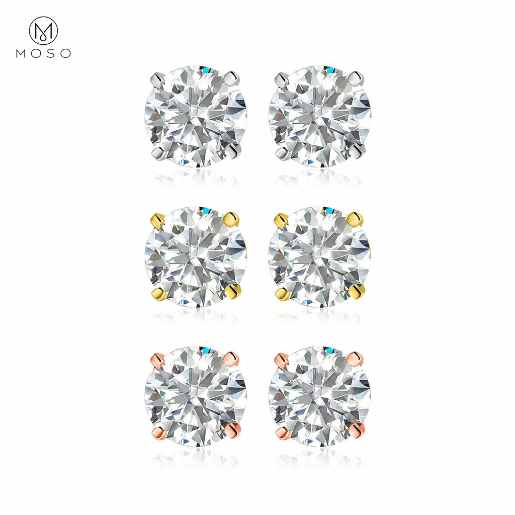Mia round moissanite stud earrings in silver, gold and rose gold tone finishes