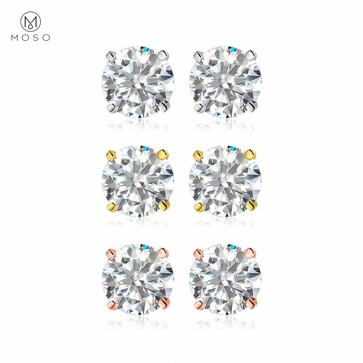 Mia round moissanite stud earrings in silver, gold and rose gold tone finishes