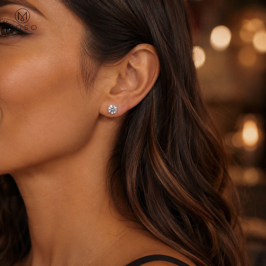Mia round moissanite stud earring styled for an evening look