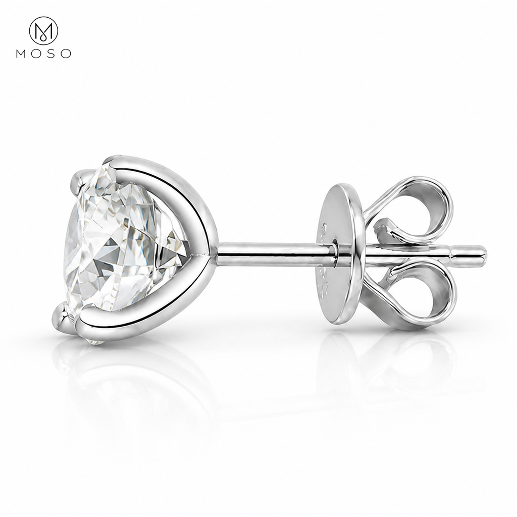 Mia round moissanite stud earring side profile with post and butterfly back