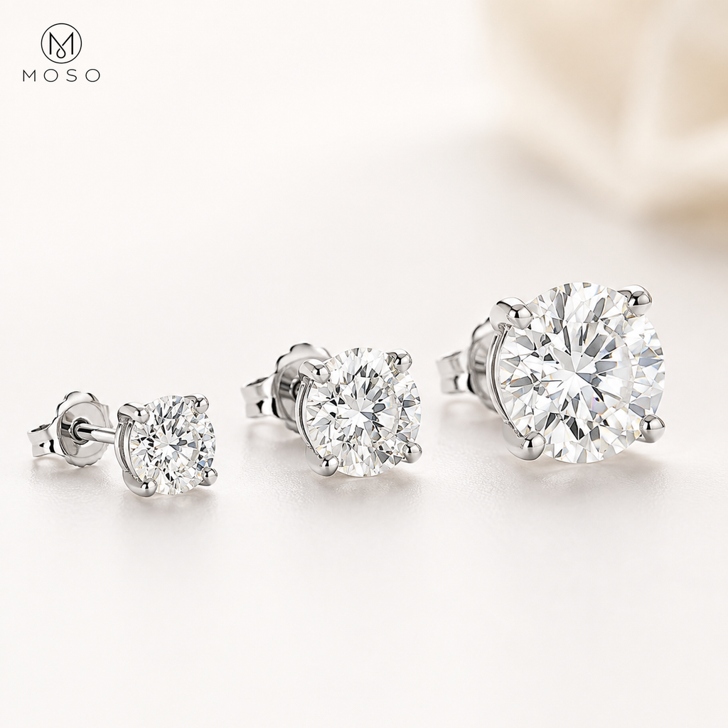 Mia round moissanite stud earring size range shown from delicate to statement