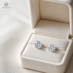 Pair of Mia round moissanite stud earrings presented in an ivory gift box