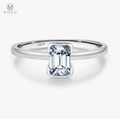 Complete emerald-cut moissanite sterling silver ring centered on a clean white background