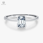 Complete emerald-cut moissanite sterling silver ring centered on a clean white background