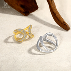 Openwork moissanite ring in yellow tone and white tone shown from two angles