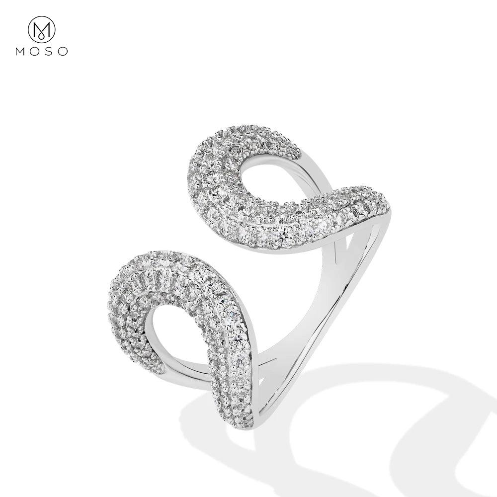 Openwork moissanite ring in white tone on a clean white background