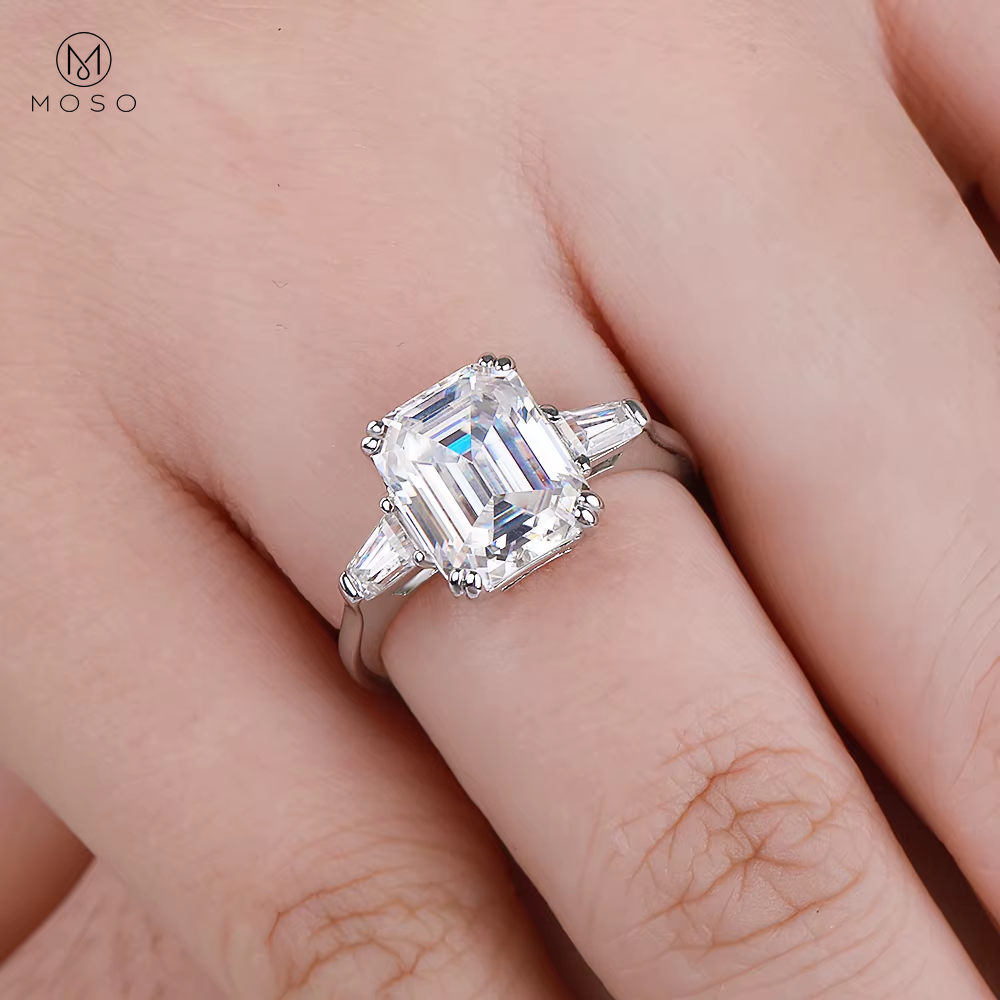 Emerald-Cut Moissanite Three-Stone Ring in Sterling Silver — product view 6