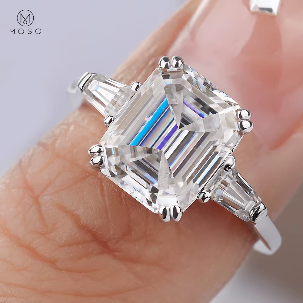 Emerald-Cut Moissanite Three-Stone Ring in Sterling Silver — product view 8